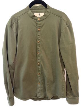 Father & Sons Olive Green Stretch Slim Fit Mandarin Grandad Collar Shirt M